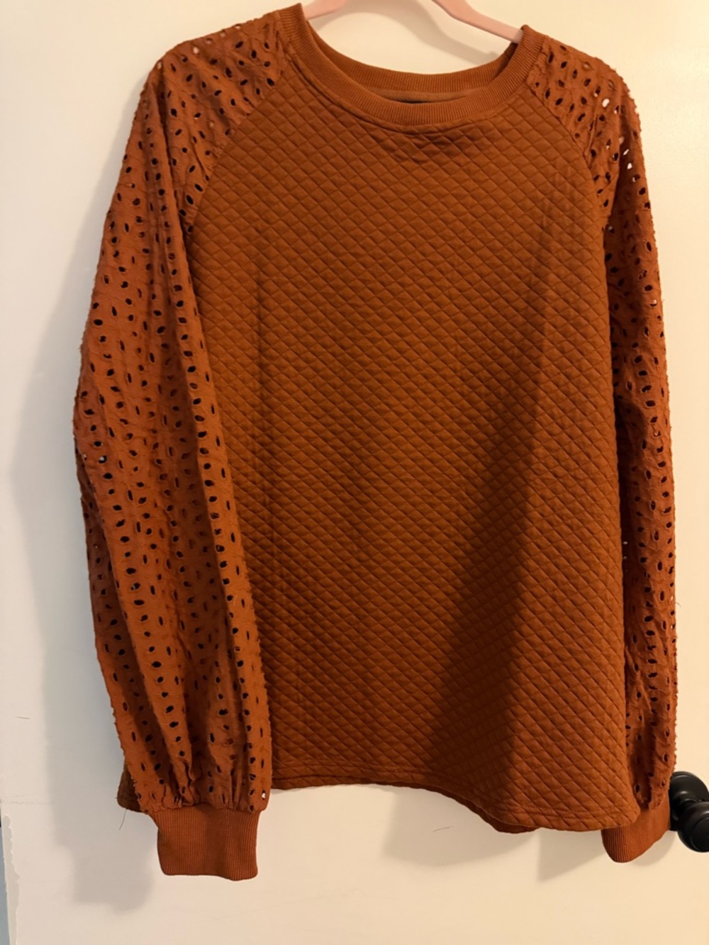 Textured Crewneck Sweatshirt with Eyelet Sleeves - Rust